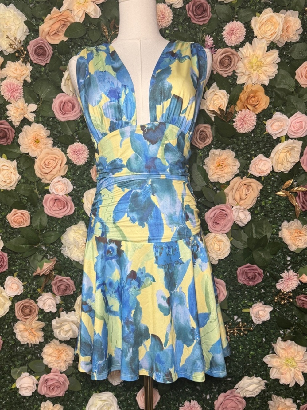 Free People Blue and Yellow Floral Plunge V-Neck Mini Dress